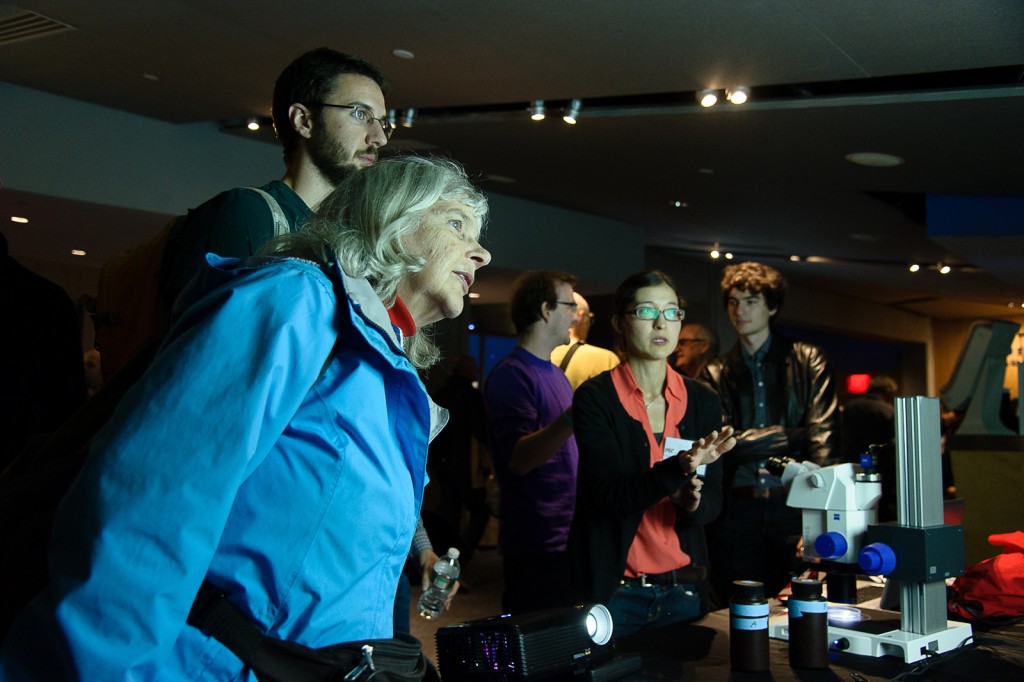 Darcy Taniguchi discusses marine microbes as guests look on at the diminutive creatures darting across the screen. Credit: John Gillooly