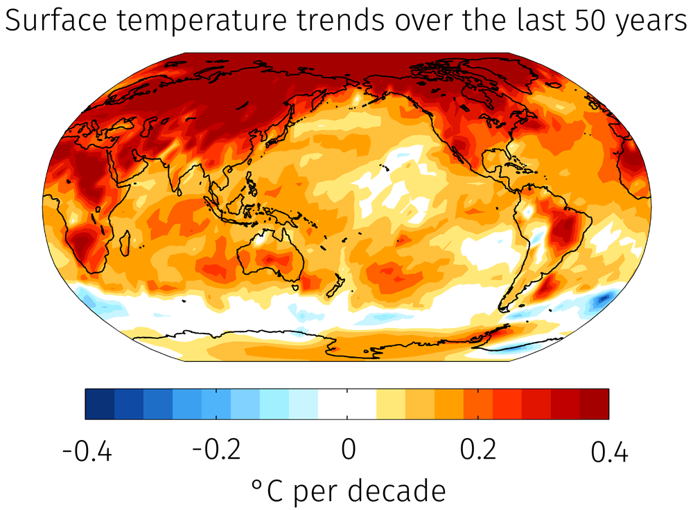 Ocean surface temperature trends over the last 50 years. While the Arctic warms rapidly, the Southern Ocean around Antarctica has not warmed much, if at all. (Image courtesy of the authors)