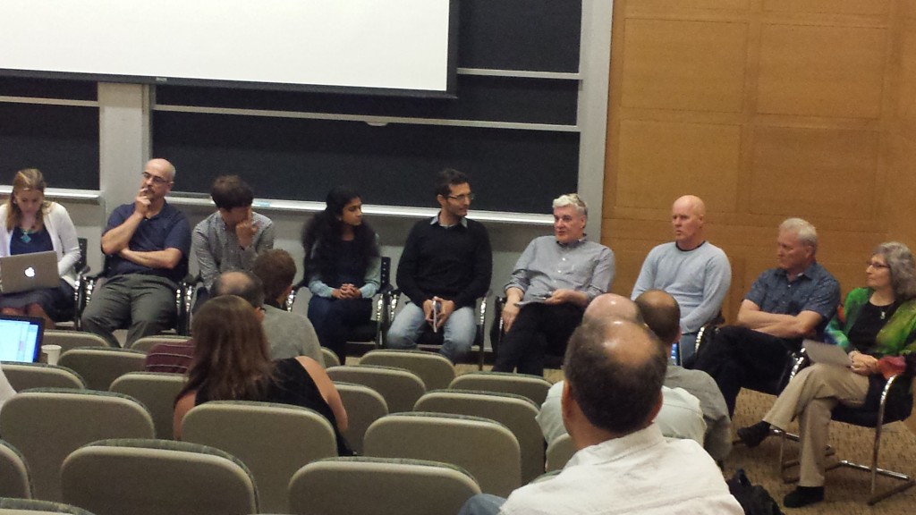 A panel discussion. From left: Irina Marinov, Darryn Waugh, Will Sevior, Aditi Sheshadri, Gabriel Chiodo, John Marshall, Matt England, Doug Kinnison, Susan Solomon. (Photo: Lauren Hinkel)