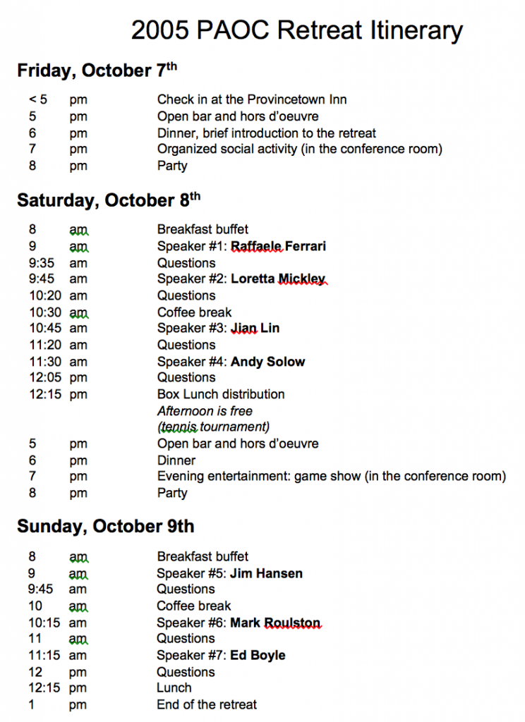 2005 Retreat schedule