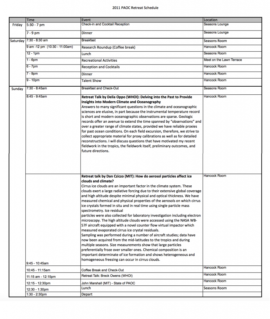2011 PAOC Retreat Schedule
