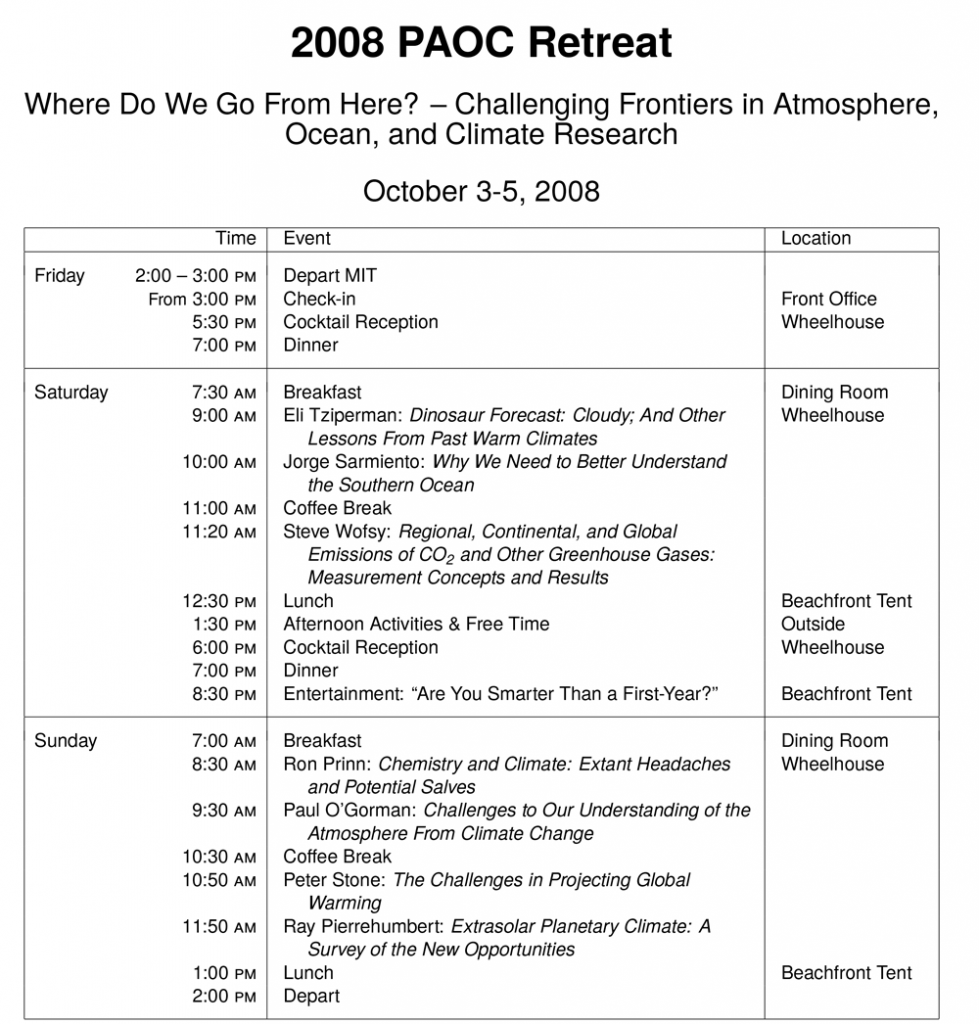 2008 PAOC Retreat Schedule