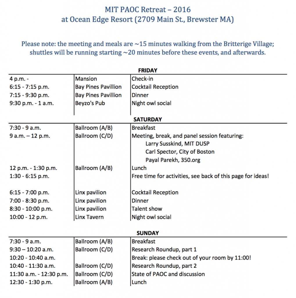 2016 PAOC Retreat Schedule