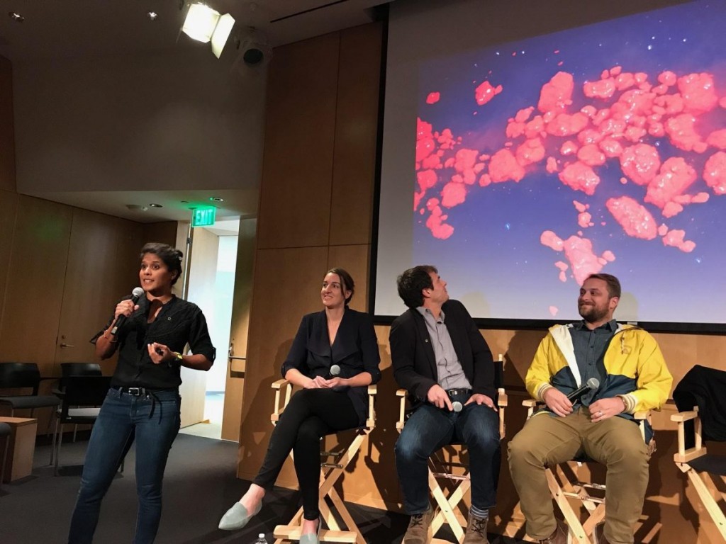 Former MCAF Fellows Asha de Vos (left) and Shah Selbe (right) speak at the symposium.